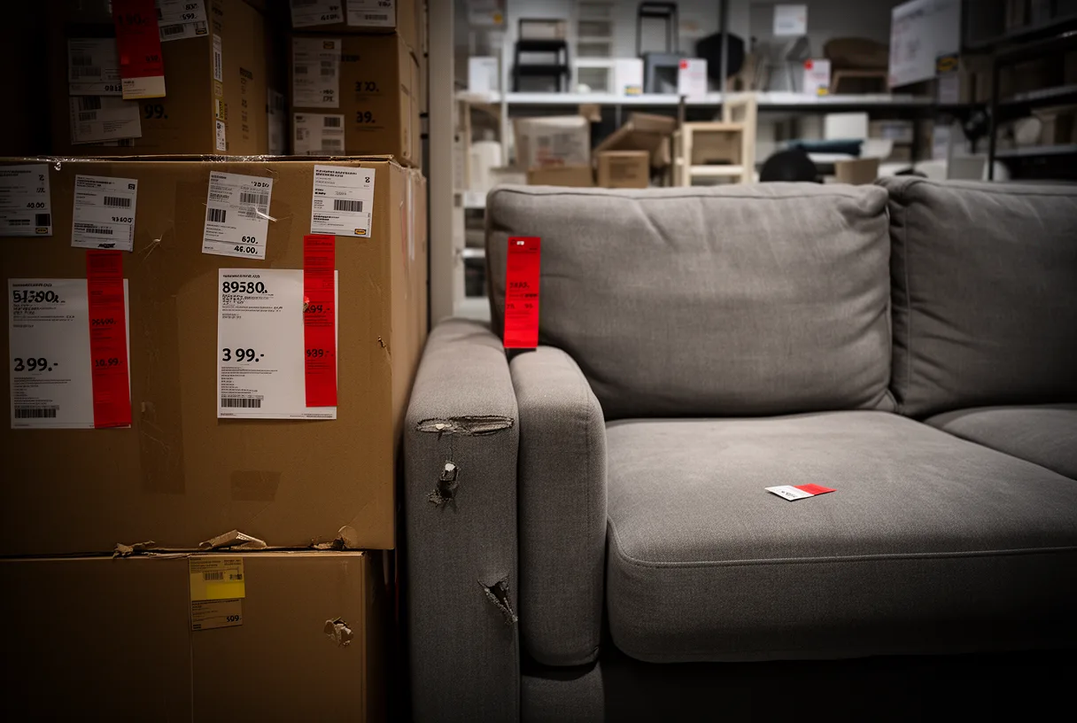 Le coin bonnes affaires d'un magasin IKEA avec des meubles soldés