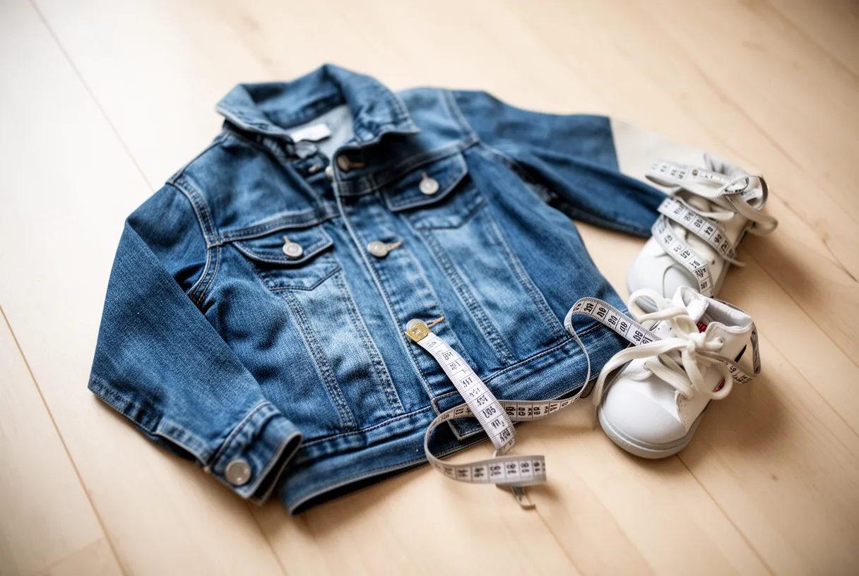 Veste en jean enfant, mètre ruban et baskets posés au sol