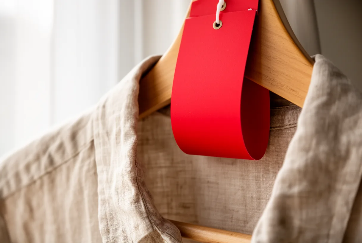 Étiquette de prix rouge sur un cintre en bois avec une chemise en lin beige