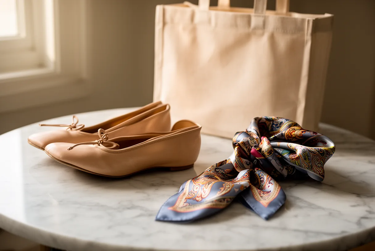 Chaussures plates et foulard en soie posés sur une surface en marbre