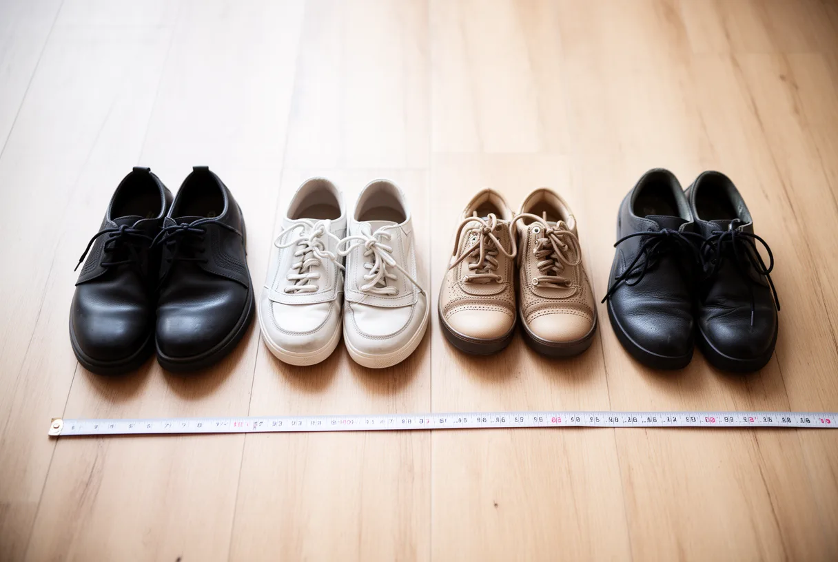 Plusieurs paires de chaussures alignées par pointures lors des soldes