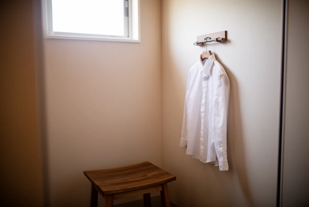 Une cabine d'essayage vide avec une chemise blanche sur un cintre