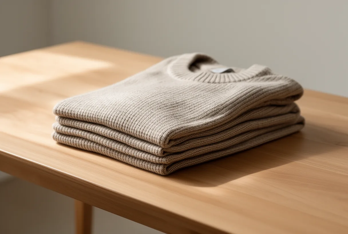 Une pile de pulls soigneusement pliés sur une table en bois