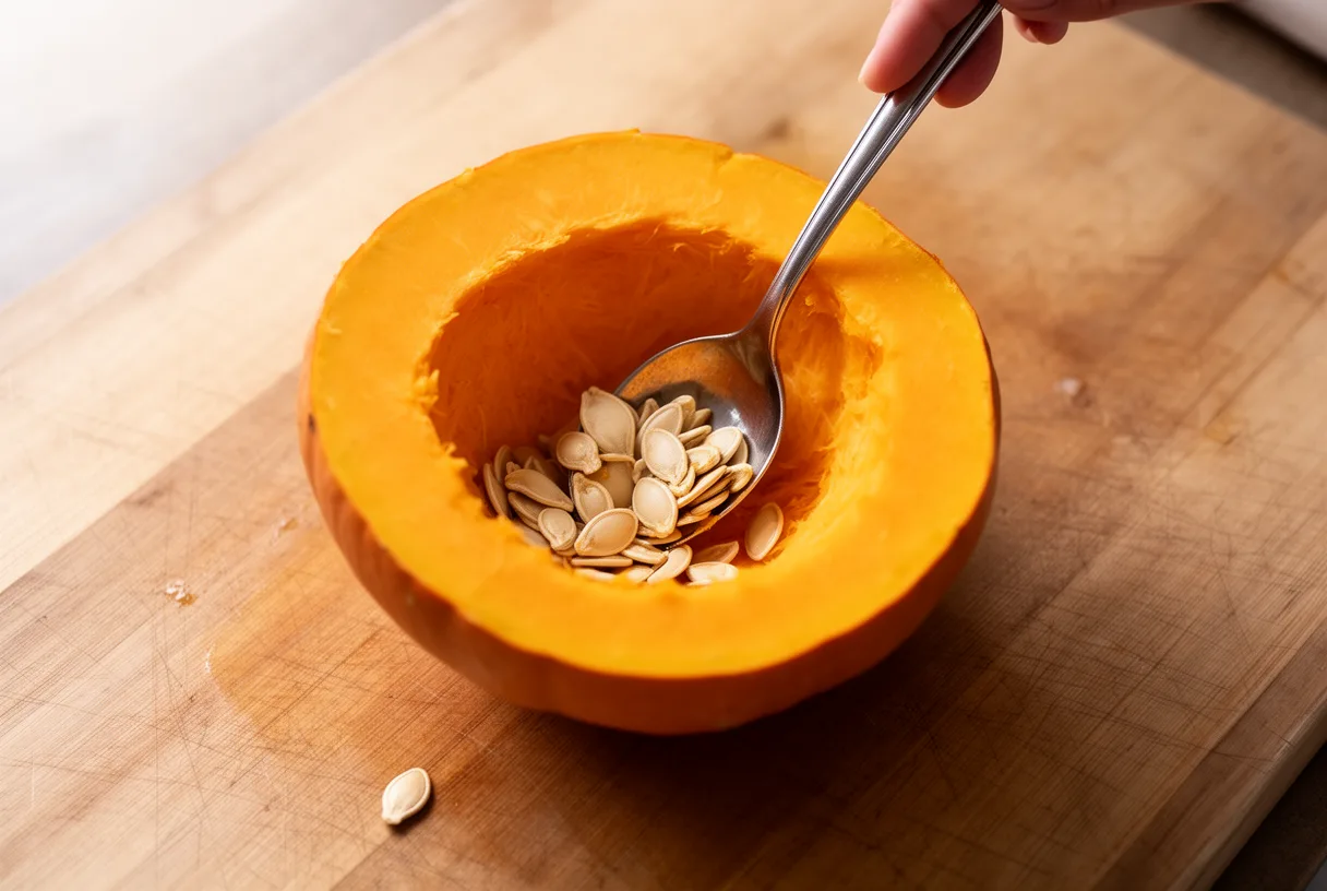Citrouille évidée avec une cuillère, prête à être garnie