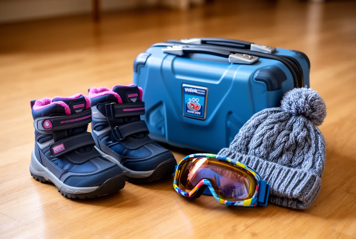Valise d'enfant et bottes de neige prêtes pour les vacances de février