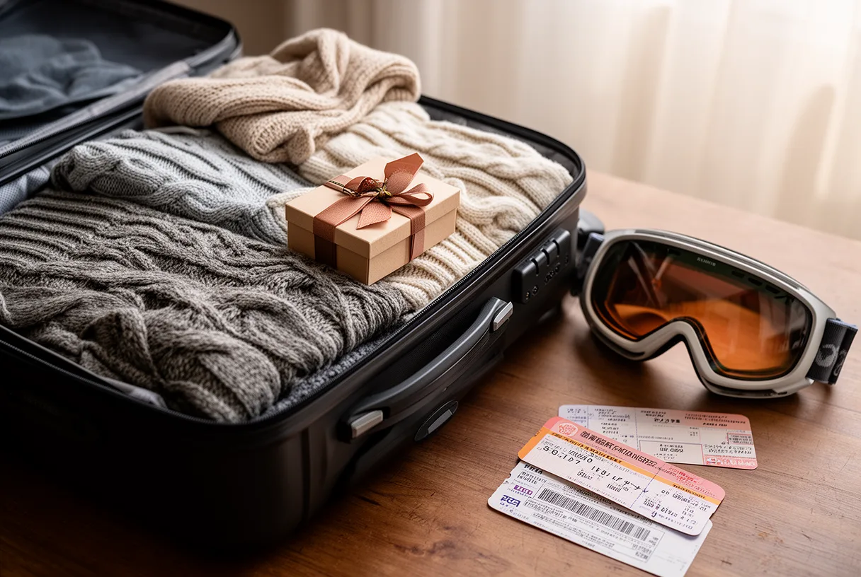 Valise ouverte avec vêtements d'hiver et cadeau, prête pour un départ en vacances de Noël