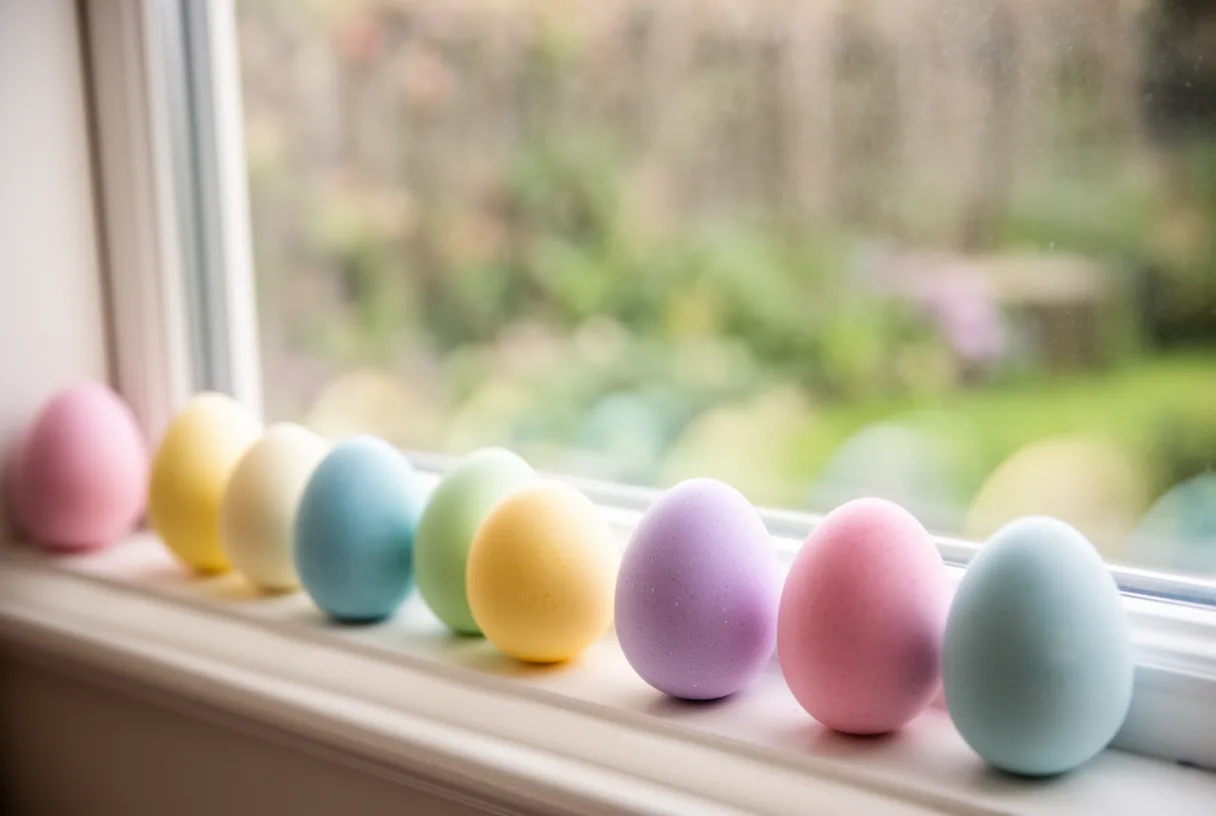 Œufs de Pâques colorés sur un rebord de fenêtre