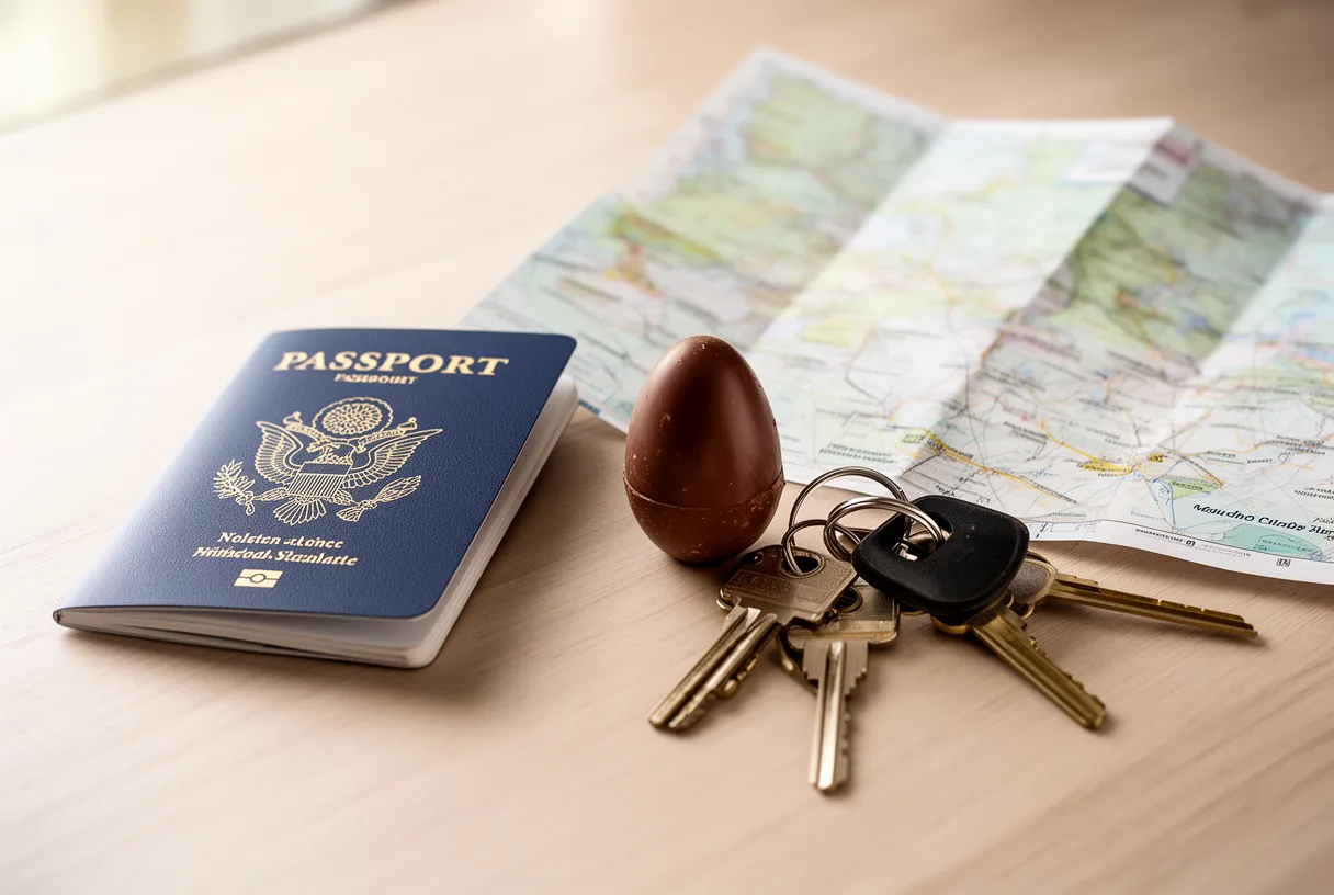 Préparatifs de voyage de Pâques avec passeport, œuf en chocolat et carte