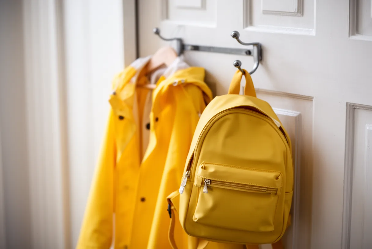 Imperméable d'enfant et sac à dos accrochés près d'une porte