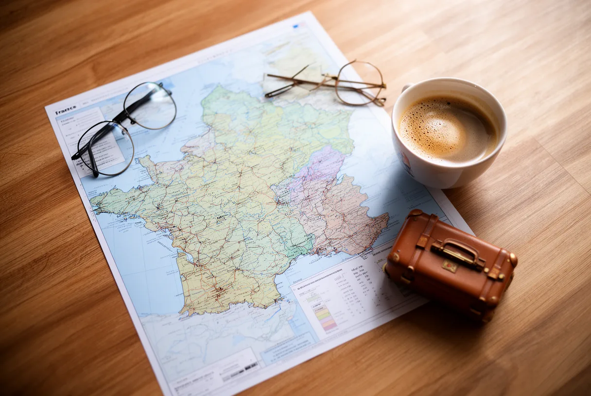 Bureau avec carte de France, lunettes, tasse de café et petite valise