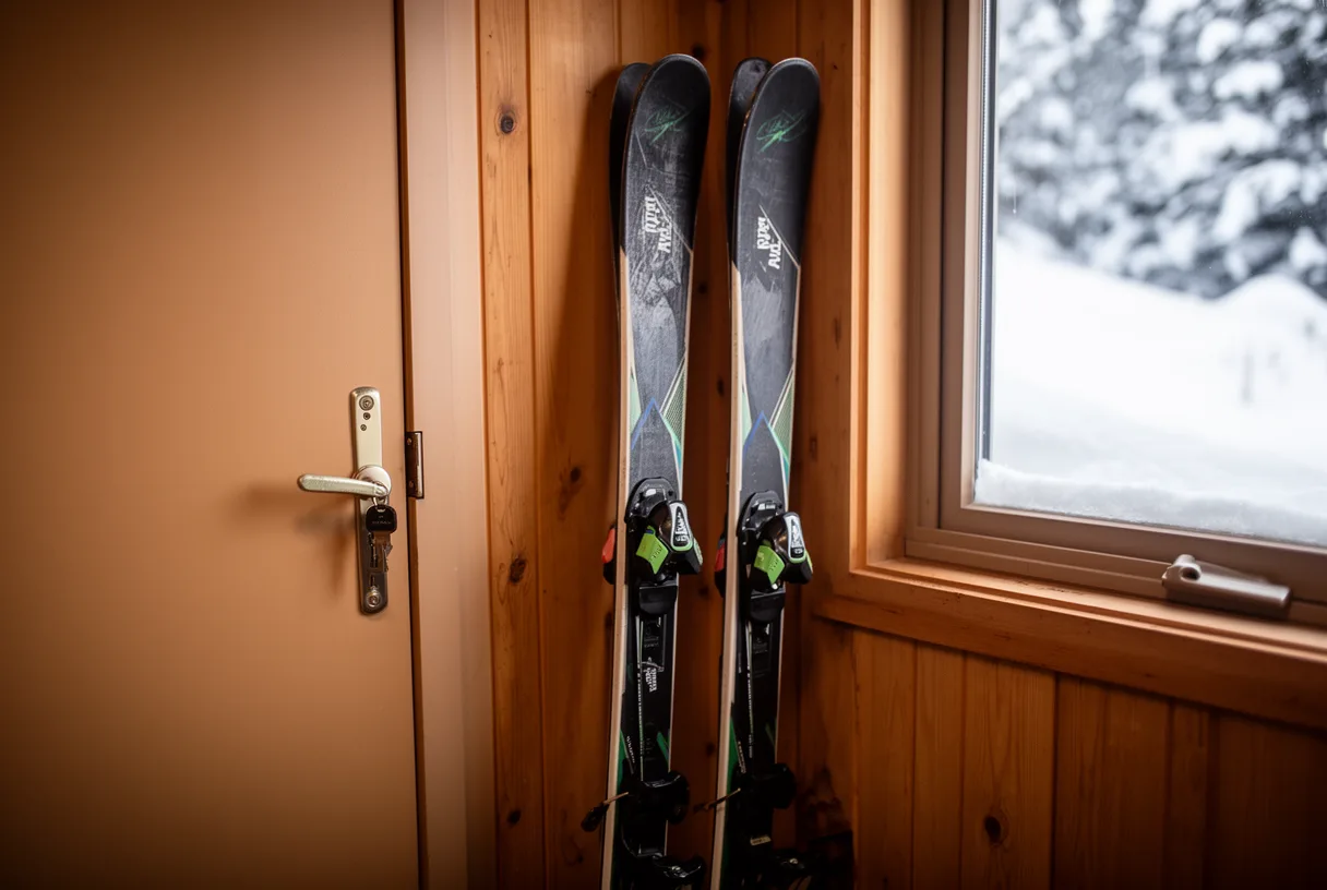 Skis appuyés contre la porte d'un appartement de ski