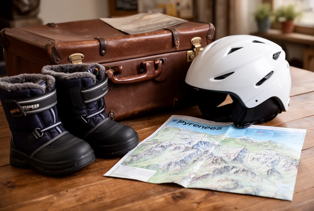 Valise d'enfant, chaussures de neige et carte des Pyrénées posés sur une table
