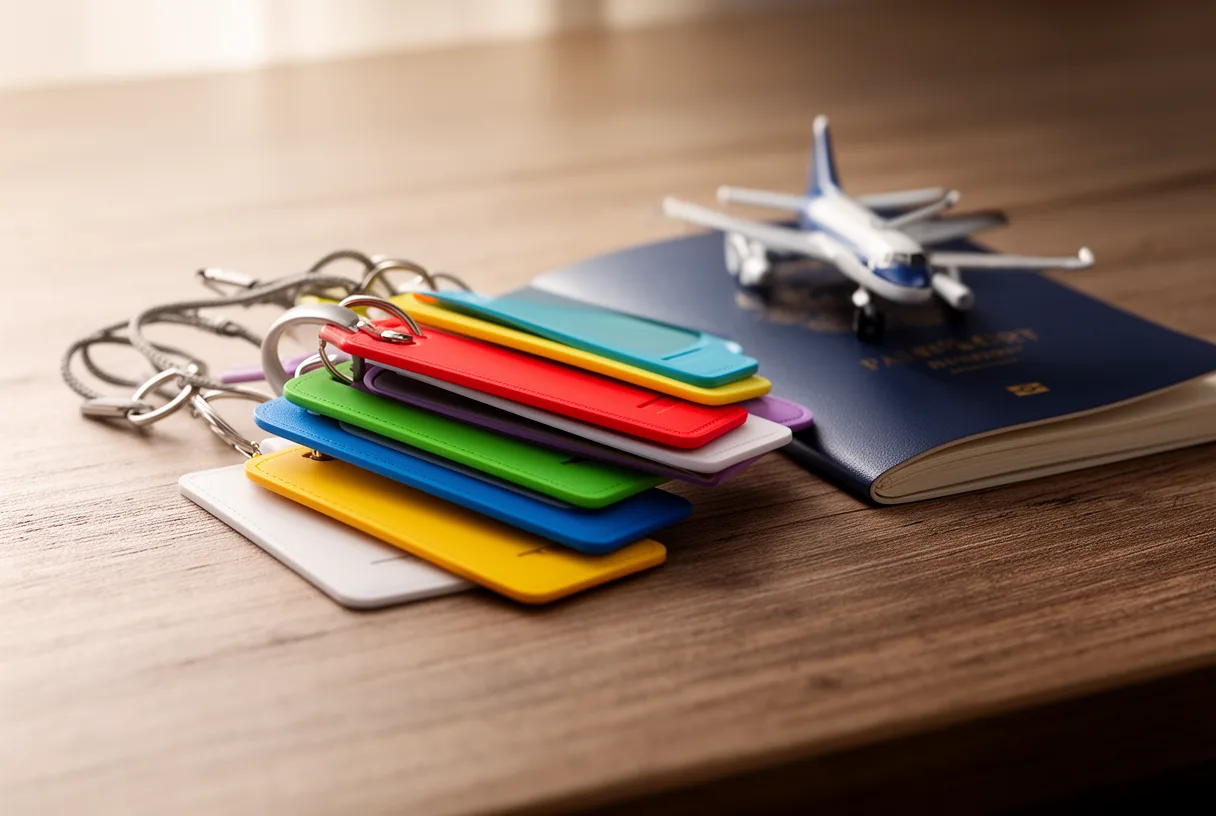 Étiquettes de bagages colorées et avion miniature sur un bureau en bois