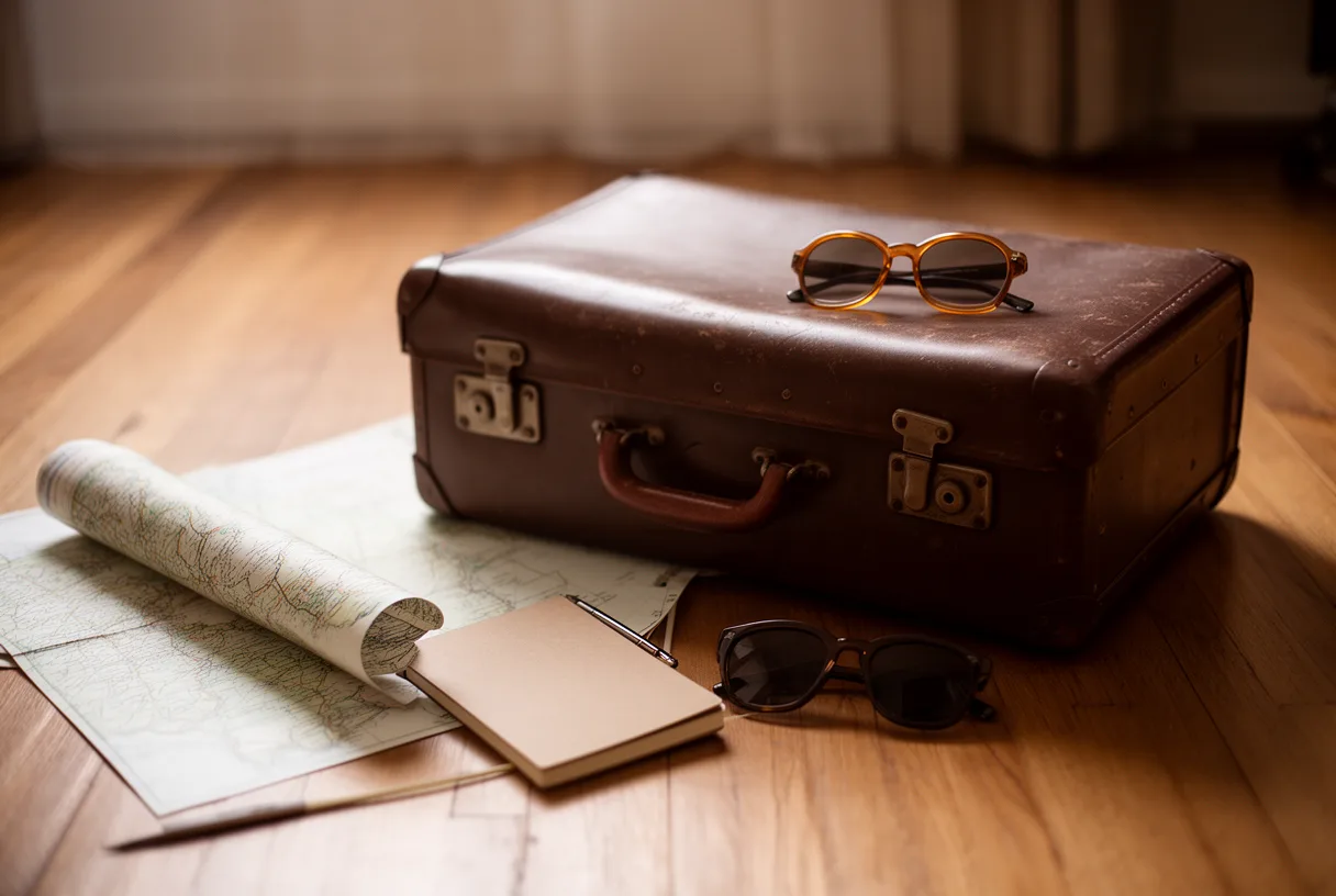 Valise vintage avec carte et lunettes de soleil sur un parquet