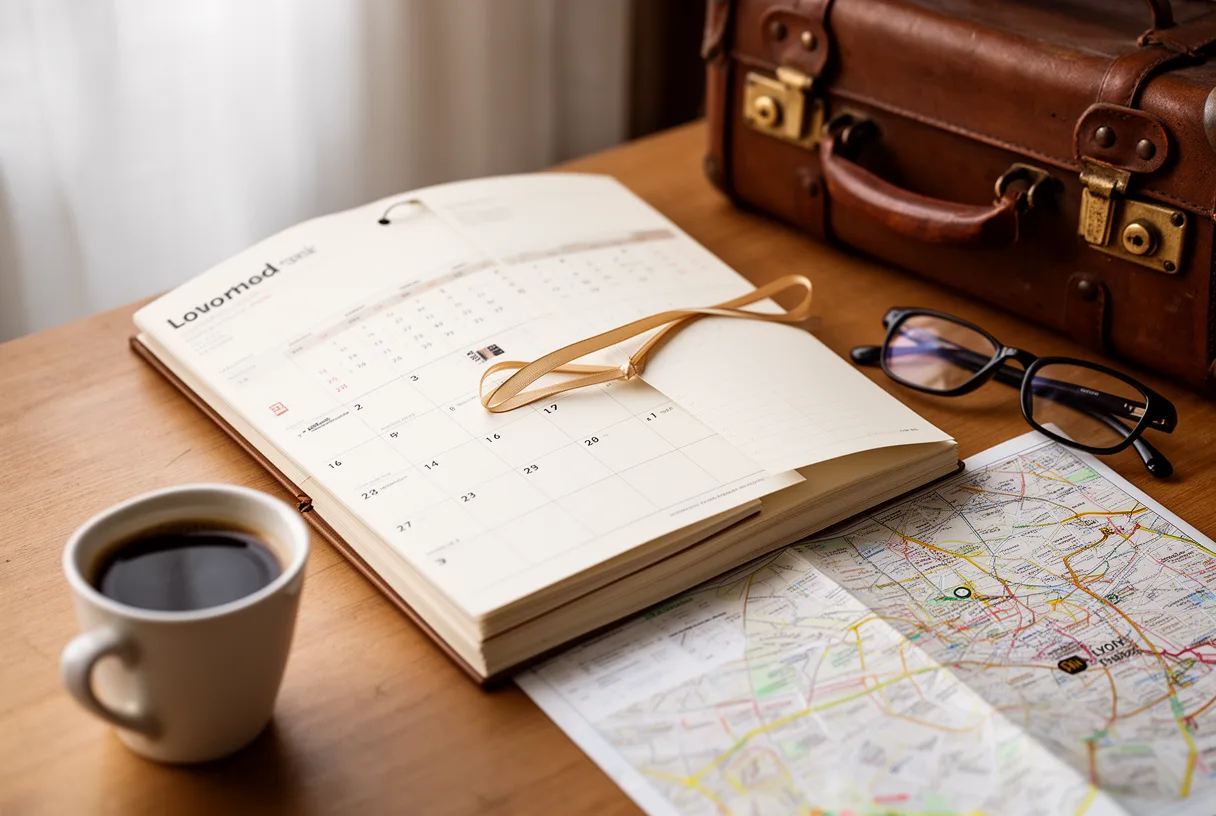 Calendrier, carte de Lyon et valise posés sur un bureau