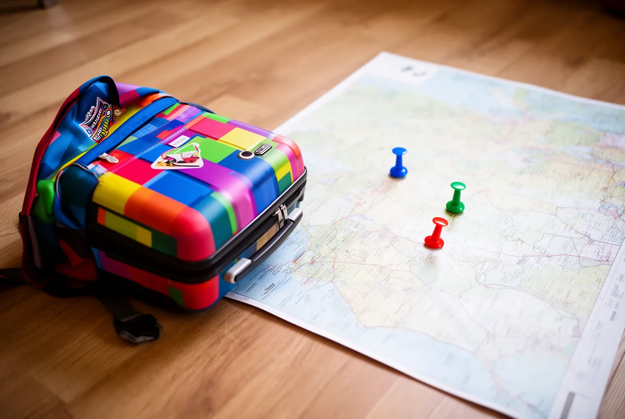 Valise et sac à dos d'enfant posés à côté d'une carte avec trois punaises de couleurs