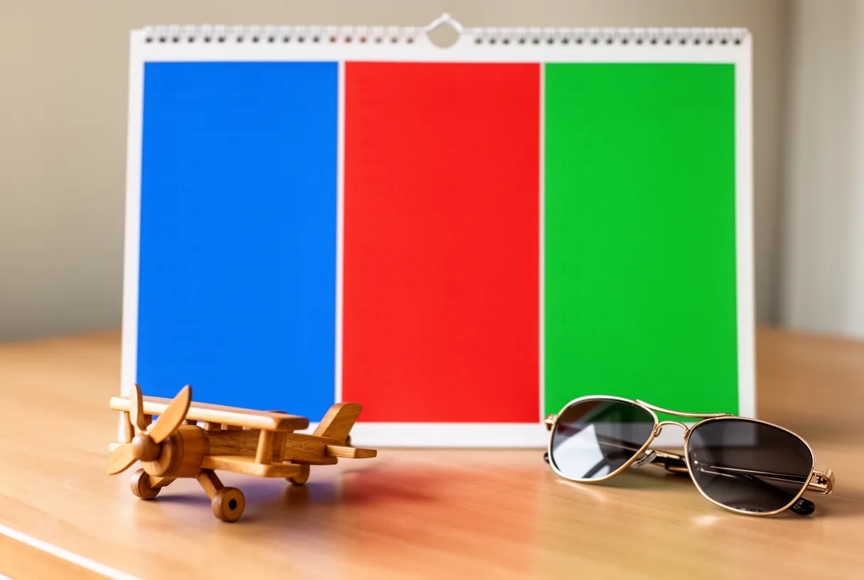 Calendrier mural vierge divisé en trois colonnes bleue, rouge et verte, avec un petit avion en bois et des lunettes de soleil posés à côté