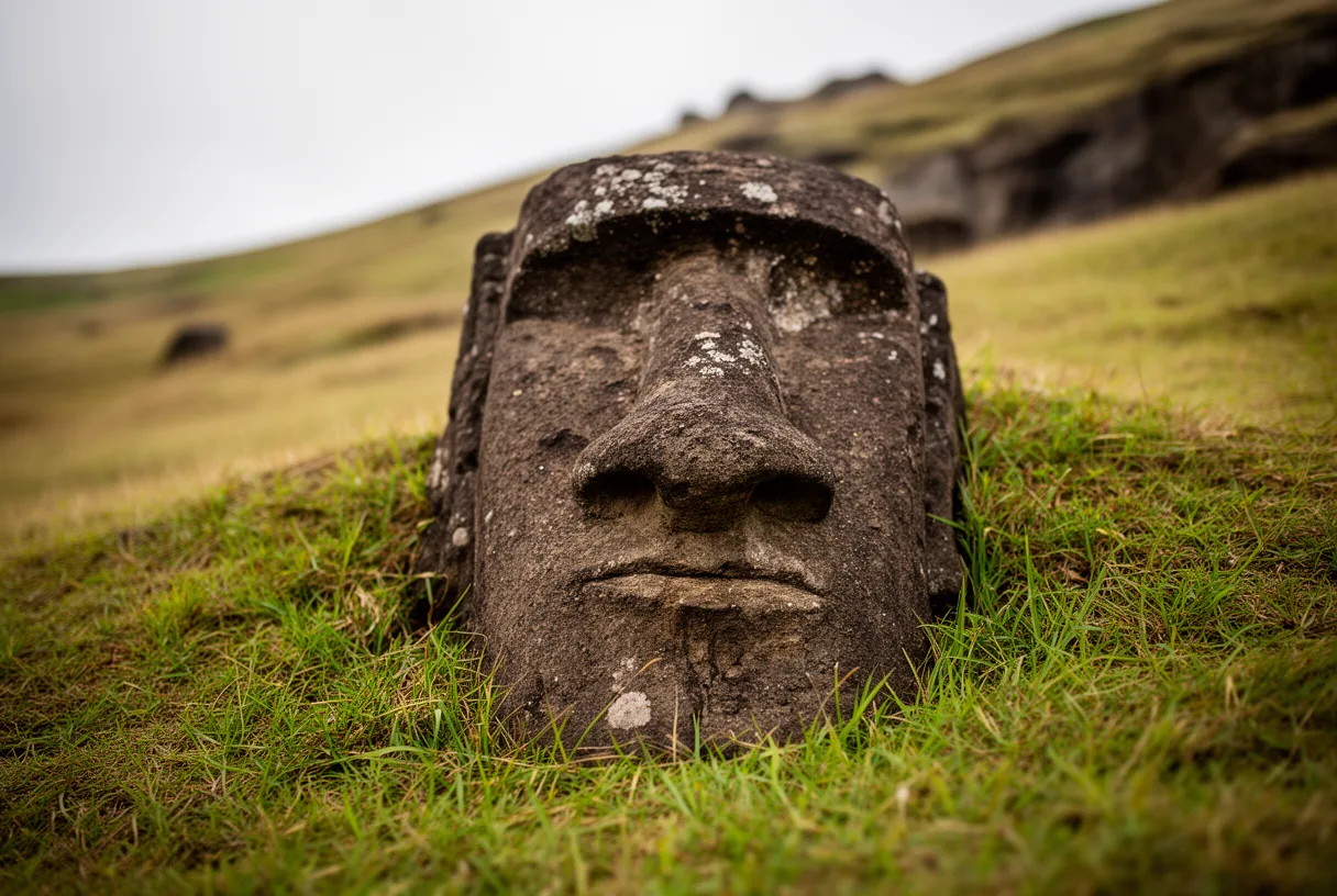 Gros plan sur un moai à demi enterré dans l'herbe de la carrière de Rano Raraku