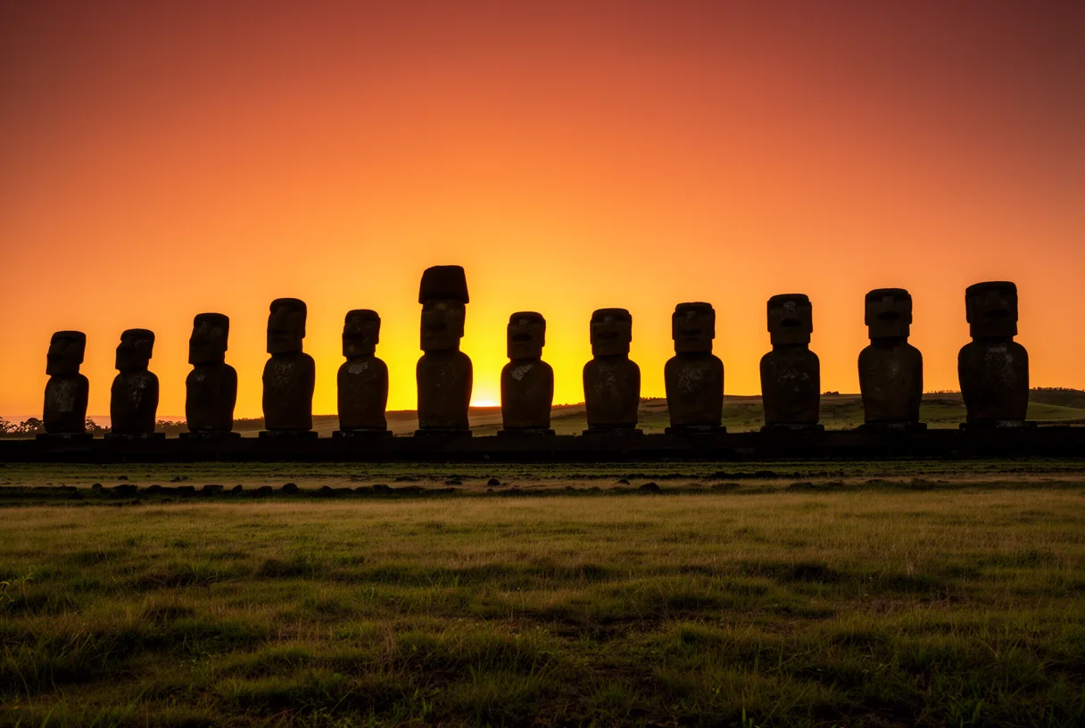 Alignement des quinze moais d'Ahu Tongariki au lever du soleil