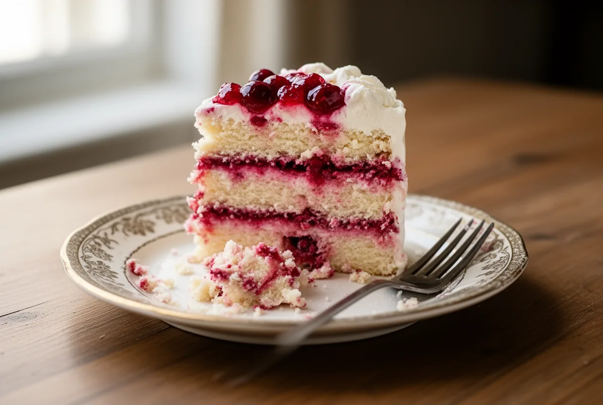 Part de layer cake à la vanille et aux fruits rouges, servie sur une assiette vintage.