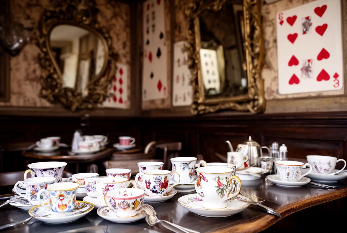 Salle du restaurant Wonderland Brunchy avec décor inspiré d'Alice au pays des merveilles.